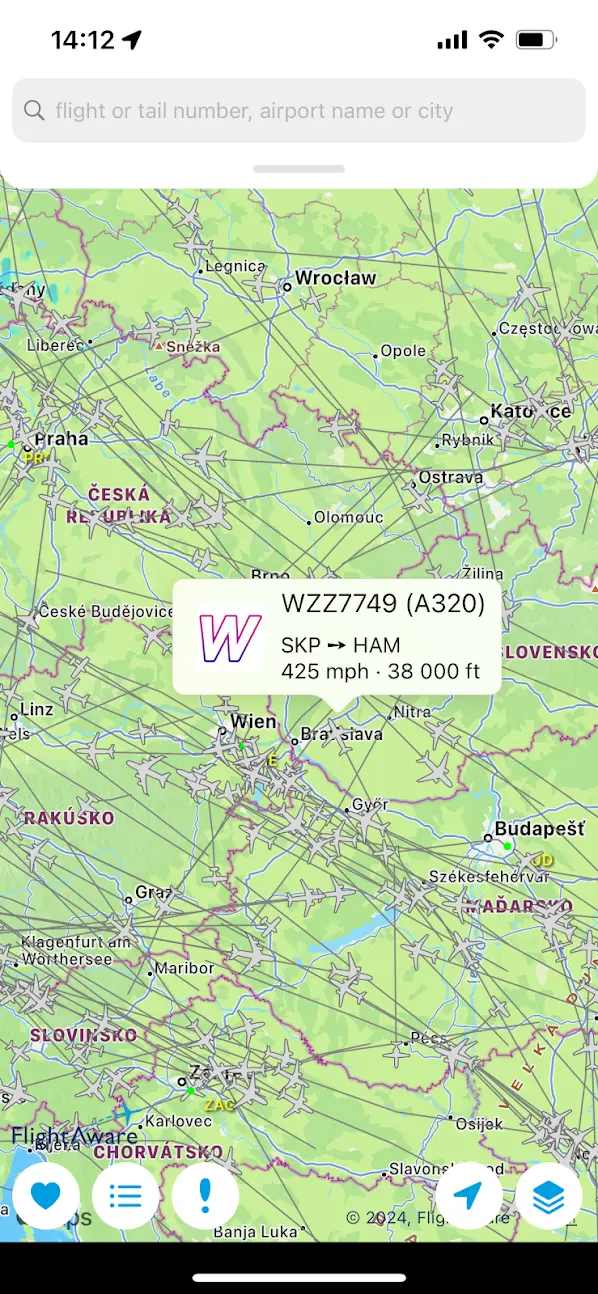 Flightaware - sledovanie polohy letu