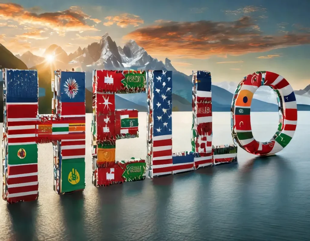 Nadpis Hello zložený z vlajok