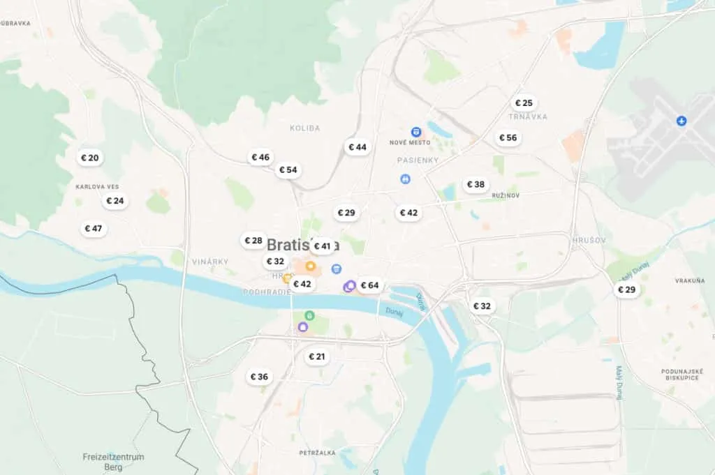 Mapa ubytovania cez Airbnb